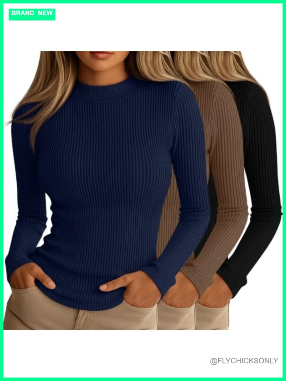 Riyiper Women's Mock Neck Ribbed Long Sleeve Tops 3 Pack Stretch Slim Fit